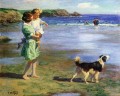 エドワード・ヘンリー・ポットストストの母親と海辺のペットの子供たちと犬を持つ少女